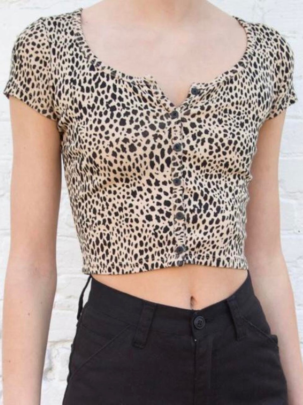 Brandy Melville Leopard Print Button-Front Crop Top - Beige/Black